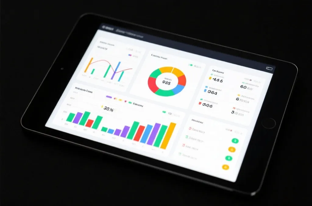 A tablet displaying colorful sports data charts, graphs, and performance metrics on a dark background