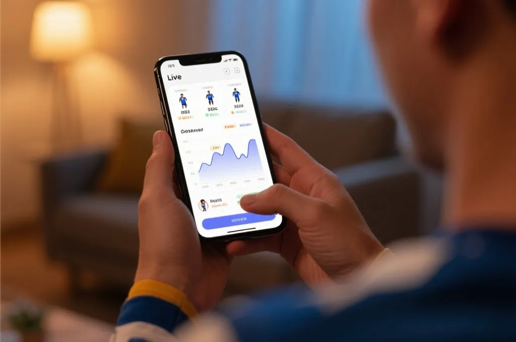 A hand holding a mobile phone showing a clean sports application interface with statistics and graphs