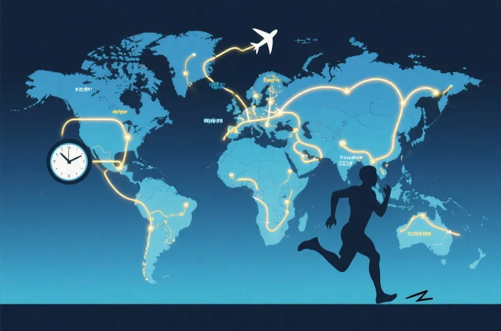世界地图与航班路线,象征球队跨国长途旅行体能消耗